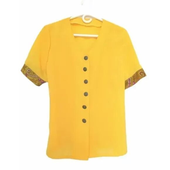 Vintage Tops - VINTAGE 70's blouse button down top yellow paisley cuffs